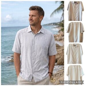 2 Cubavera Shirts Gray  & White Short Sleeve Linen Blend Button-Up XL